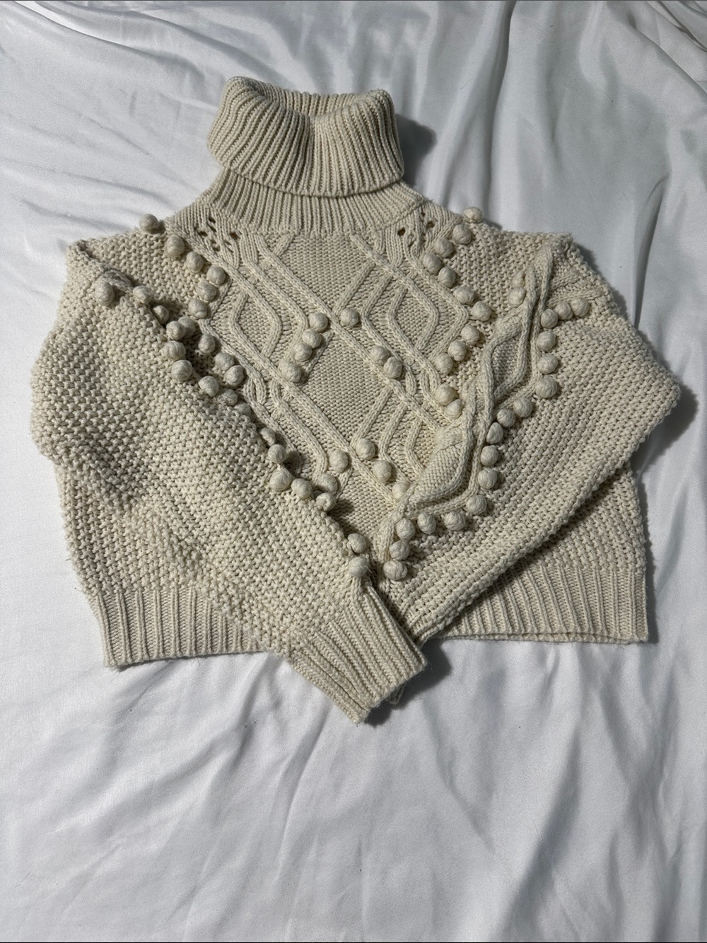 Forever 21 Turtleneck Sweater Small Sweater Cream Cable Knit Cropped Pom Pom